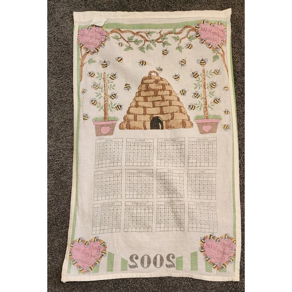 2002 Calendar Kitchen Towel Hearts Beelong in the Garden Spring Decor‎ Cotton